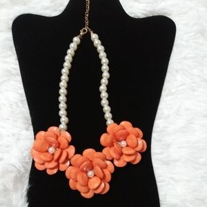 Necklace - Orange Flower w/ Pearlized Beads